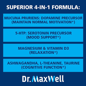 Dr. Maxwell Serotonin and Dopamine Supplements, Better than Dopamine or Serotonin Support Only. Helps Maintain Normal Neurotransmitter Levels. Mucuna Pruriens, 5-HTP, 60 Capsules Women Men