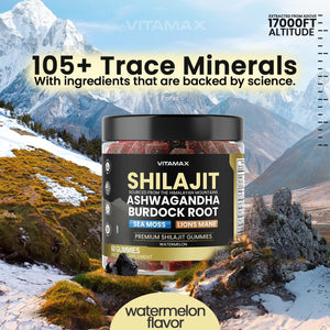 Pure Shilajit Gummies, Sea Moss, Ashwagandha, 105+ Trace Minerals – Organic Burdock Root & Lions Mane Mushroom – Watermelon Flavor - Vegan & Non-Gmo – Made in USA – 60Ct