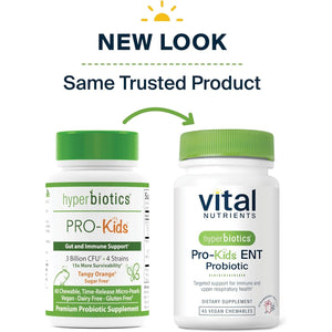 Hyperbiotics Vital Nutrients Pro Kids Probiotic ENT | Toddler Probiotics for Kids Ear, Nose and Throat | Targeted Immune and Digestive Health | Strawberry-Vanilla 45 Sugar-Free Chewable Tablets