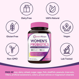Doctor'S Recipes Women'S Probiotic, 60 Caps 50 Billion CFU 16 Strains, with Organic Cranberry, Digestive Immune Vaginal & Urinary Health, Shelf Stable, Delayed Release, No Soy Gluten Dairy