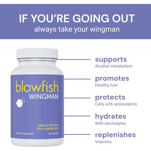 Blowfish Wingman | Supplement with DHM + L-Cysteine + Electrolytes | Feel Better after Drinking | Pre-Alcohol Liver Support & Hydration