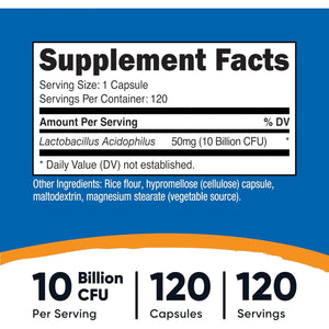 Nutricost Lactobacillus Acidophilus 10 Billion CFU, 120 Vegetarian Capsules