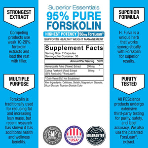 Pescience Forskolin-95+ Capsules, 95% Pure Forskolin from Coleus Forskohlii Extract with Hemerocallis Fulva Extract, Patented Forslean, 50Mg, 60 Count