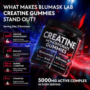 Creatine Monohydrate Gummies Complex 5000 MG for Men & Women, Preworkout Gummy with BCAA, L-Carnitine, Taurine & Vitamin B12 for Muscle Growth, Strength & Energy Support , Flavored and Chewable