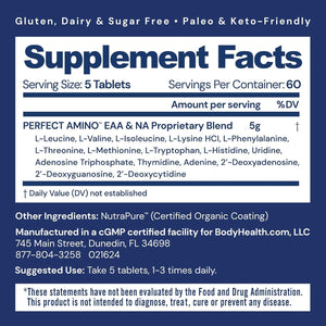 Bodyhealth Perfectamino (300 Ct) Easy to Swallow Tablets, Essential Amino Acids Supplement with Bcaas, Vegan Protein for Pre/Post Workout & Muscle Recovery with Lysine, Tryptophan, Leucine, Methionine