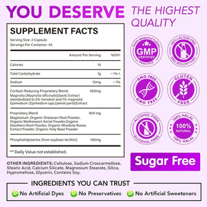 Cortisol Supplements for Women - Cortisol Reducer & Stress Support - Magnolia Bark, Rhodiola Rosea, Holy Basil, Magnesium, Phosphatidylserine - Hormone Balance & Mood, Focus, Sleep Support