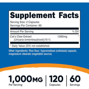 Nutricost Cat'S Claw 1000Mg, 120 Capsules - Vegetarian Caps, Non-Gmo and Gluten Free, 60 Servings