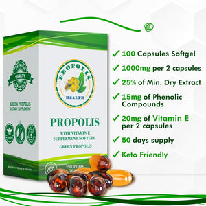 Propolis Health Propolis Capsules 1000Mg-Daily with Vitamin E per Dose - Pure Brazilian Green Propolis Extract - Immune Booster 50 Days Supply -100 Capsules