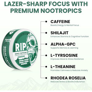 Immortal Drip RIP Nootropic Energy Pouches (Wintergreen) – 5 Cans – 15 Pouches per Can – Clean Energy & Focus Support – 50Mg Caffeine, Shilajit, Alpha-Gpc, L-Tyrosine, Rhodiola