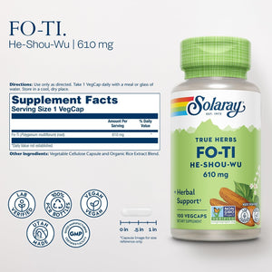 SOLARAY Fo-Ti Capsules - Chinese Herbal Supplement for Men & Women, Support for Herbal Wellness, Vegan, Non GMO, & Lab Verified, 610 Mg - 100 Servings, 100 Veg Caps