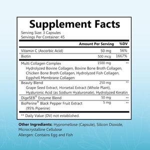 Bioschwartz Hydrolyzed Collagen Peptide Capsules - Multi Collagen Supplements for Women Types I, II, III, V, X with Vitamin C, Biotin, Keratin and Hyaluronic Acid for Skin, Hair & Nails - 135Ct