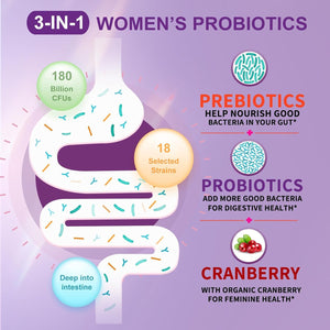 OMOGS Women'S Probiotic 180 Billion Cfus 18 Strains, with Organic Prebiotics, Cranberry Extract, D-Mannose & Digestive Enzymes, for Digestive, Boost Immune, PH Balance & Urethral Health, 90 Capsules