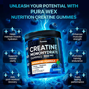 Creatine Monohydrate Gummies 5000Mg Complex for Men & Women - Pre Workout Creatine Chews for Muscle Growth, Strength & Energy, Sugar Free, Vegan, Blueberry Flavor - 120 Count