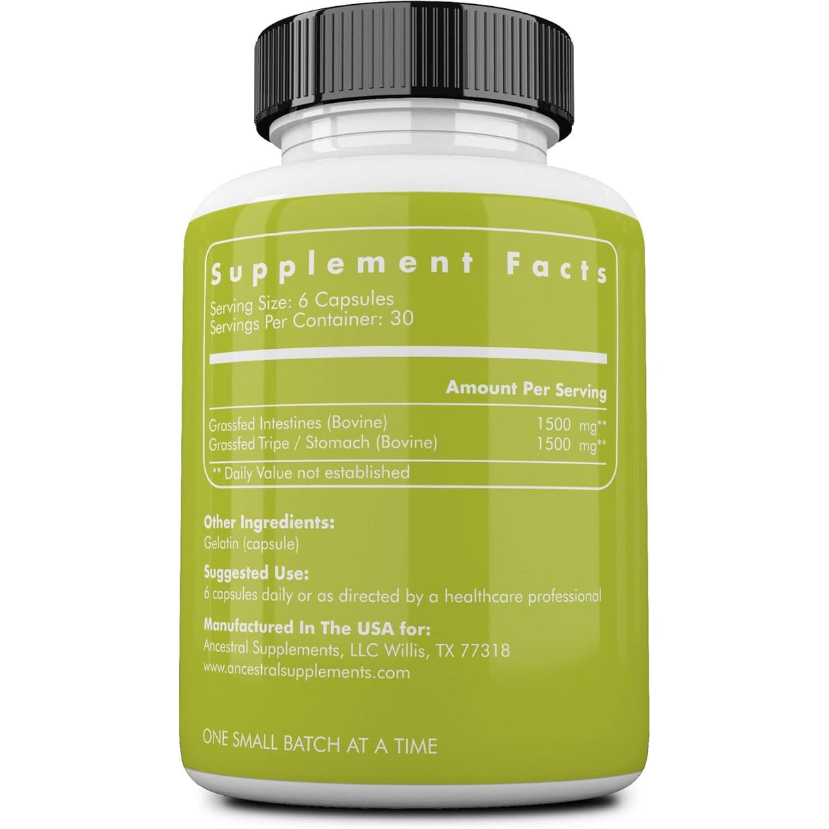 Ancestral Supplements Grass Fed Beef Intestines with Stomach (Tripe), 3000Mg, Digestion Supplement Supports Acid Reflux and Gut, Intestine and Digestive Health, Non GMO, 180 Capsules
