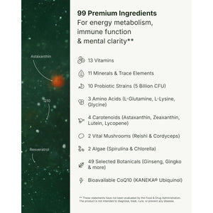 BIOGENA ONE All-In-One Super Greens Powder - 30 Travel Packs + Shaker - Supports Energy Metabolism & Immune Function**- 99 Nutrients with Probiotics, Vitamins & Coq10 - No Added Sugar - Apple-Kiwi