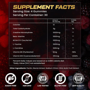 Creatine Monohydrate Gummies for Men & Women, Sugar Free, Mixed Flavored with L-Taurine, BCAA 2:1, B12 B6 for Boost Strength, Focus & Endurance, Vegan, Non-Gmo, 120Pcs