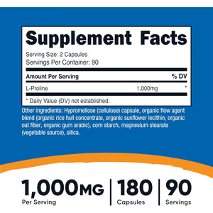 Nutricost L-Proline 1000Mg, 180 Capsules (90 Servings) - 500Mg per Cap, Non-Gmo, Gluten Free