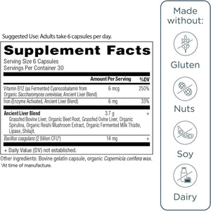 Ancient Nutrition Organ Supplements, Grass-Fed and Wild Organ Complex Capsules, Beef & Lamb Liver, Supports Healthy Blood, Gut, and Liver, 180 Ct