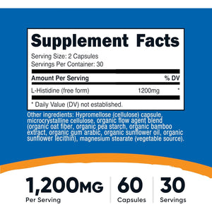 Nutricost L-Histidine Supplement (1,200Mg) 60 Capsules - Gluten-Free, Gmo-Free, 30 Servings
