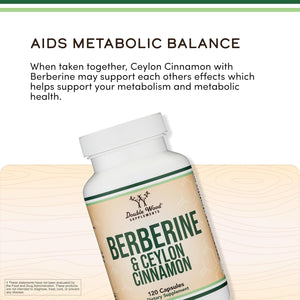 Berberine with Ceylon Cinnamon - 120 Capsules for Metabolism and Metabolic Health, Third Party Tested, Vegan Safe, Non-Gmo, Gluten Free by Double Wood
