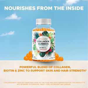 Vitamatic Hydrolyzed Collagen Gummies with Vitamin C, Zinc and Biotin, 200 Mg - Healthy Skin Support - 60 Gummies