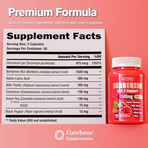 Berberine 1500Mg GLP-1 Weight Loss Supplement Pills for Women & Men - Appetite Suppressant with Ceylon Cinnamon, Milk Thistle, Chromium Picolinate, Green Tea & Alpha Lipoic Acid - 90 Veggie Capsules