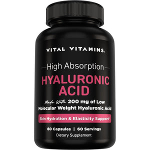 Vital Vitamins Hyaluronic Acid Supplements - Made with 200Mg of Low Molecular Weight Hyaluronic Acid - Supports Skin Hydration & Elasticity from within - 60 Capsules, 60 Servings