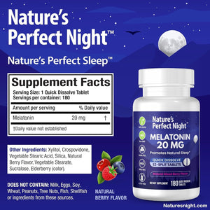 Nature'S Perfect Night | Melatonin 20Mg | 180 Quick Dissolve Tablets | Natural Mixed Berry Flavor |High Potency | Sugar Free | Vegan | Gluten Free | Value Size