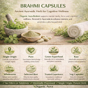 Organic Aura Brahmi Capsules -120 Count. Naturally Strengthens and Boosts Immunity and Memory. Whole Green Superfood. Non GMO - Gluten Free.
