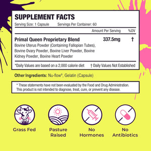 Primal Queen Female-Optimized Beef Organ Superfood Supplement (Beef Liver, Kidney, Heart, & 3 More) - 100% Grass Fed, Pasture Raised - 3Rd Party & Clinically Tested