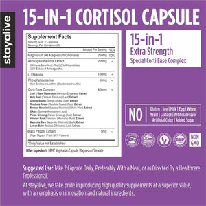 STAY ALIVE Cortisol Manager Supplement 15-In-1 Complex W/L-Theanine, Ashwagandha, Magnesium Glycinate, Phosphatidylserine and More, 120 Veg Capsules, Non-Gmo & Gluten-Free Formula for Women and Men