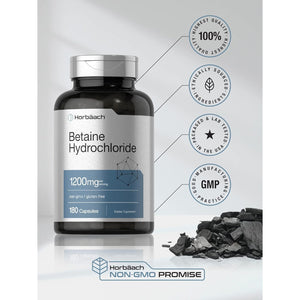 Horbäach Betaine Hcl 1200Mg | 180 Capsules | Betaine Hydrochloride Supplement | Non-Gmo, Gluten Free