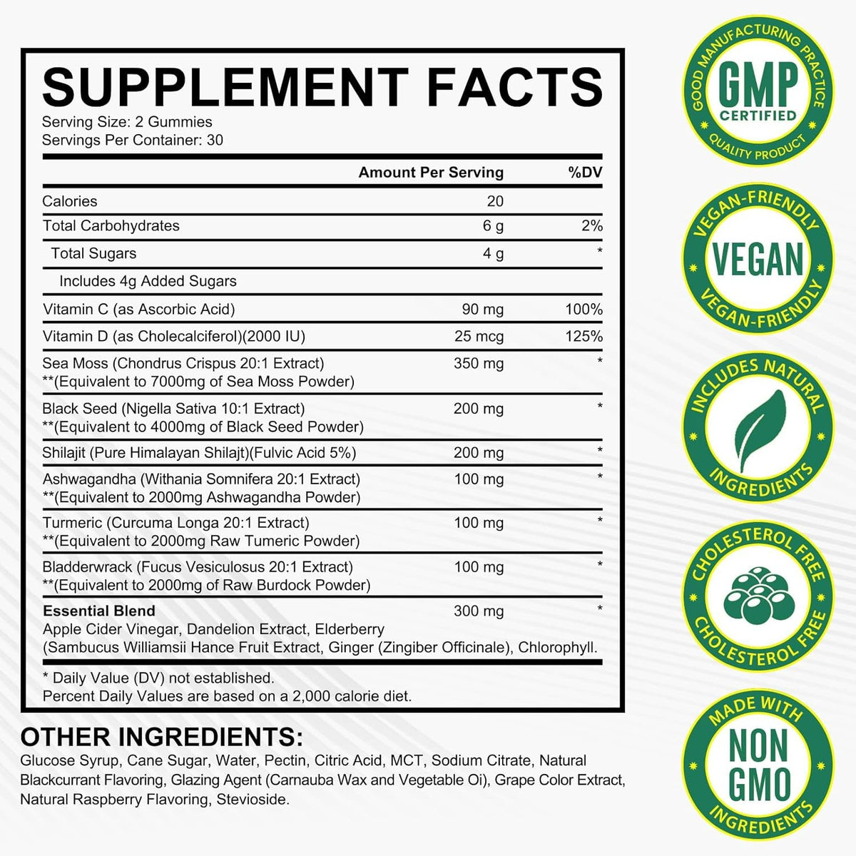 Sea Moss Gummies, Sea Moss, Bladderwrack, Ashwagandha, Burdock Root, Energy, Immune Support, 60 Vegan Gummies