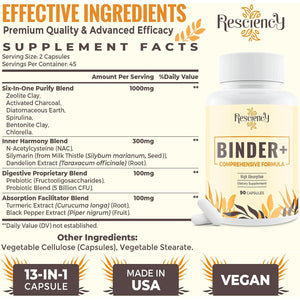 Resciency Detox Binder Supplement – Activated Charcoal, Zeolite, Bentonite Clay, Milk Thistle, Proprietary Blends - Liver & Gut, Max Absorption, 90 Vegan Capsules