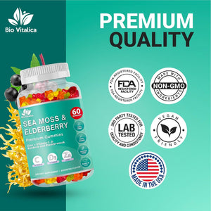 Irish Sea Moss Gummies with Elderberry – USA Made Vegan Gummies with Vitamin C, D & Zinc – Immune Support Supplement with Bladderwrack & Burdock Root for Adults & Kids – 60 Count