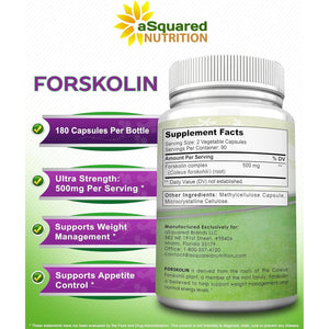 Asquared Nutrition Forskolin 500Mg per Serving Max Strength-180 Capsules, Supplement for Pure Weight Loss Fuel, Coleus Forskohlii Root - Forskolin Diet Pills, Belly Buster Fat Burner 2X Slim Trim Lose