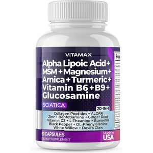 Sciatic Nerve Health Support - Sciatic Nerve Supplement Capsules with Folic Acid, Pea, Glucosamine, MSM, Vitamin B Complex, Alpha Lipoic Acid 300Mg – 60Ct – Made in USA