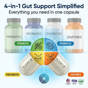 4-In-1 Gut Health Support – Prebiotics + Probiotics + Postbiotics + Digestive Enzymes for Women and Men – DE111 Spore Probiotic for Digestive Support & Bloating – Non-Gmo – 60 Veggie Capsules
