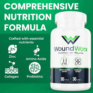 Free Life Labs Woundworx Nutrition-Scar and Surgery Support, Wound Care, General and Plastic Surgery, Faster Healing W/Vitamins, Amino Acids, Collagen, Probiotics, Turmeric, Bromelain-90 Caps