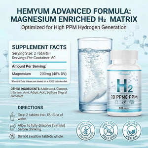 Hydrogen Water Tablets, H2 Molecular Hydrogen with Magnesium, 10 PPM Hydrogen Tablets for Drinking Water, Supports Physical Recovery, Brain Health&Cellular Energy - Non-Gmo, Gluten-Free 120 Tablets.