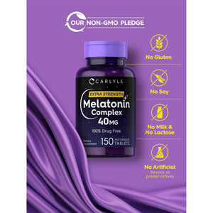 Carlyle Melatonin 40Mg Complex | 150 Fast Dissolve Tablets | Extra Strength Support | with Ashwagandha and Chamomile | Vegetarian, Non-Gmo, Gluten Free Supplement