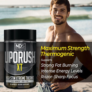 LIPORUSH NDS Nutrition XT - Super Concentrated Thermogenic with L-Carnitine & Teacrine for Shredding Fat - Supports Maximum Energy, Focus, Calorie Burning, Diuretic, Appetite Control (60 Capsules)