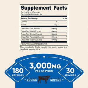 Nutricost Grass Fed Beef Organs Supplement (3,000Mg) 180 Capsules - Desiccated Bovine Organ Complex for Men and Women, Gmo-Free, Gluten-Free, 30 Servings