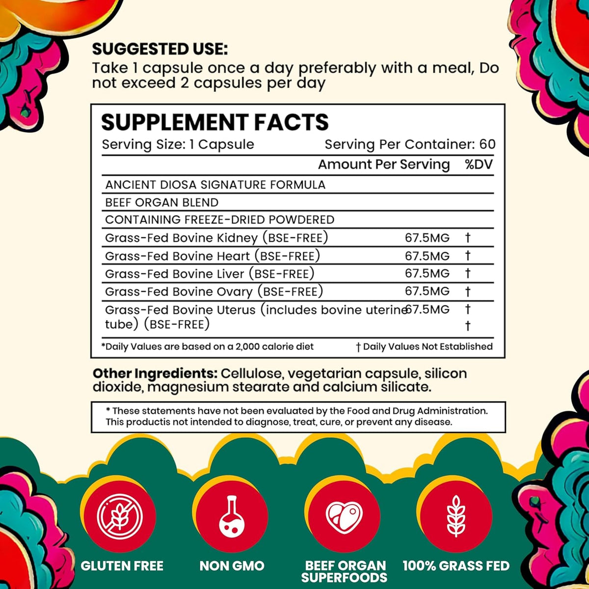 Grass Fed Beef Liver Capsules - Female-Focused Organ Supplement with Liver, Heart, Ovary & Uterus - Supports Hormone Balance & Vitality, Whole Body Wellness - 60 Capsules