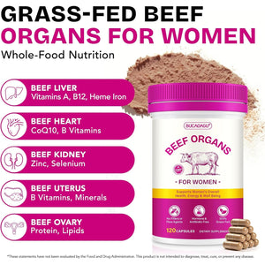 Beef Organ Supplement for Women - Grass-Fed Beef Liver, Kidney, Heart, Uterus, Ovary - Supports Female Energy & Hormone Balance - Pasture Raised in New Zealand - Iron, B12 & Coq10 - 120 Capsules