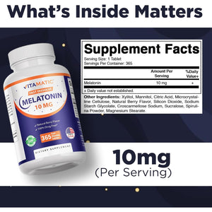 Vitamatic Melatonin 10 Mg Fast Dissolve Tablets – Quick-Dissolving Sleep Support Supplement for Adults – Vegetarian, Non-Gmo & Gluten-Free – Natural Berry Flavor – 365 Tablets