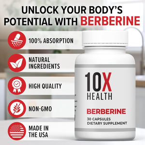 10X Health Berberine Supplement 500Mg - Contains Dihydroberberine Supplement for Better Absorption - Supports Cardiovascular & Gut Health Supplements for Women & Men - 30 Capsules