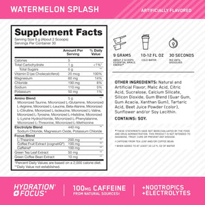 Optimum Nutrition Amino Energy Powder plus Focus, with BCAA, Electrolytes, and Caffeine, Watermelon, 30 Servings (Packaging May Vary)