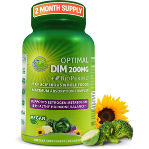 Optimal DIM 200Mg Supplement for Women and Men - Made with Organic Whole Foods - Estrogen & Hormone Balance Support Diindolylmethane Complex - Maximum Absorption Delayed-Release Capsules - 60 Count