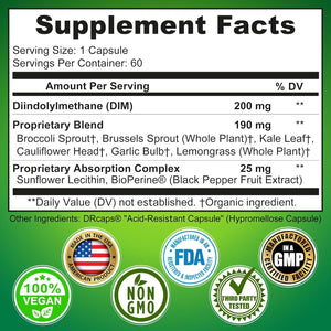 Optimal DIM 200Mg Supplement for Women and Men - Made with Organic Whole Foods - Estrogen & Hormone Balance Support Diindolylmethane Complex - Maximum Absorption Delayed-Release Capsules - 60 Count